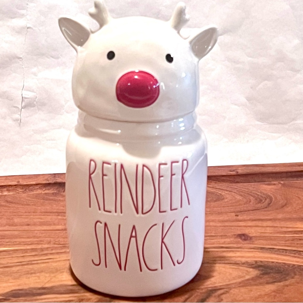 Rae Dunn Small Ceramic REINDEER SNACKS Canister Jar White/Red